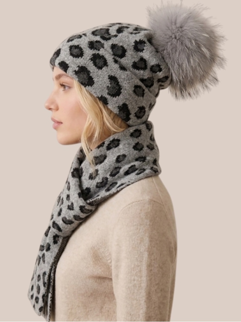 Grey Leopard Knit Beanie & Scarf Set with Pom Pom